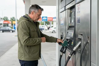 Homme lisant les informations sur une pompe à éthanol dans une station-service moderne