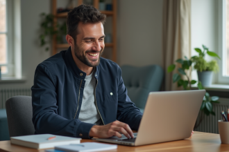 Homme en jeans et veste bleue remplissant un formulaire voiture à la maison