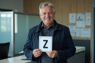 Homme d'âge moyen tenant une plaque d'immatriculation Z