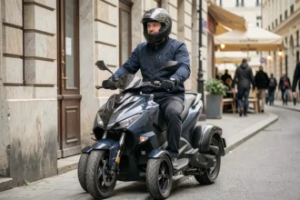 Homme casqué assis sur un scooter 3 roues en ville, illustrant le thème de l'assurance scooter trois roues