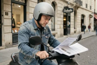 Homme casqué sur un scooter noir consultant son contrat d'assurance dans une rue française