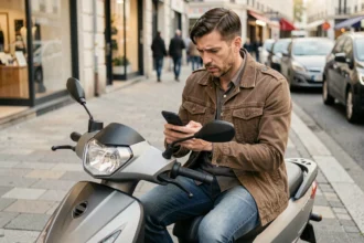 Homme avec un scooter en ville cherchant une assurance malgré un malus sur son smartphone