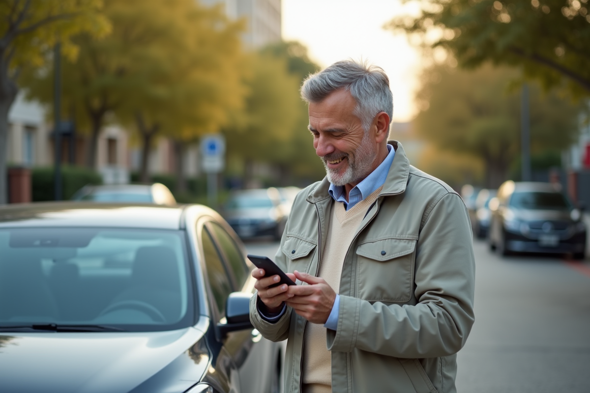 Homme vérifiant son smartphone à côté de sa voiture neuve