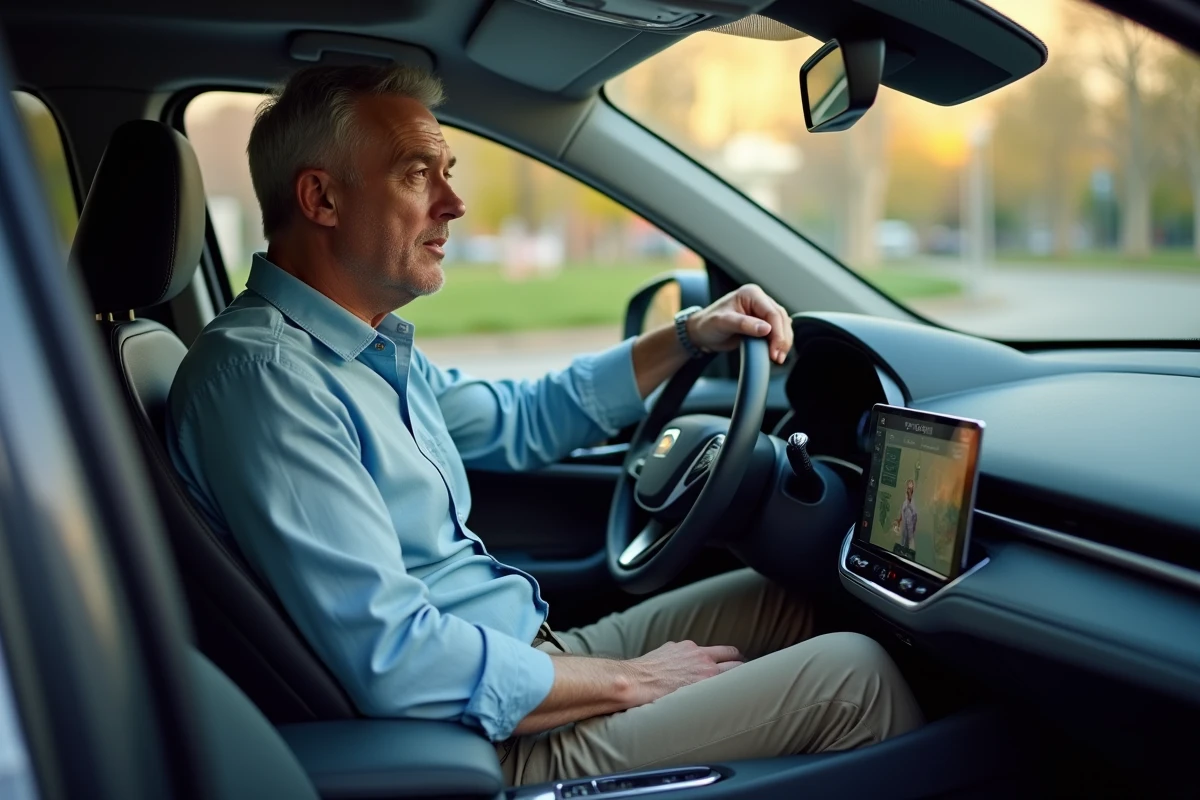 Homme dans la voiture 2026 regarde le tableau de bord
