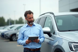 Homme consultant un site occasion spécialisé par marque sur tablette devant un SUV argent dans un parking de concessionnaire