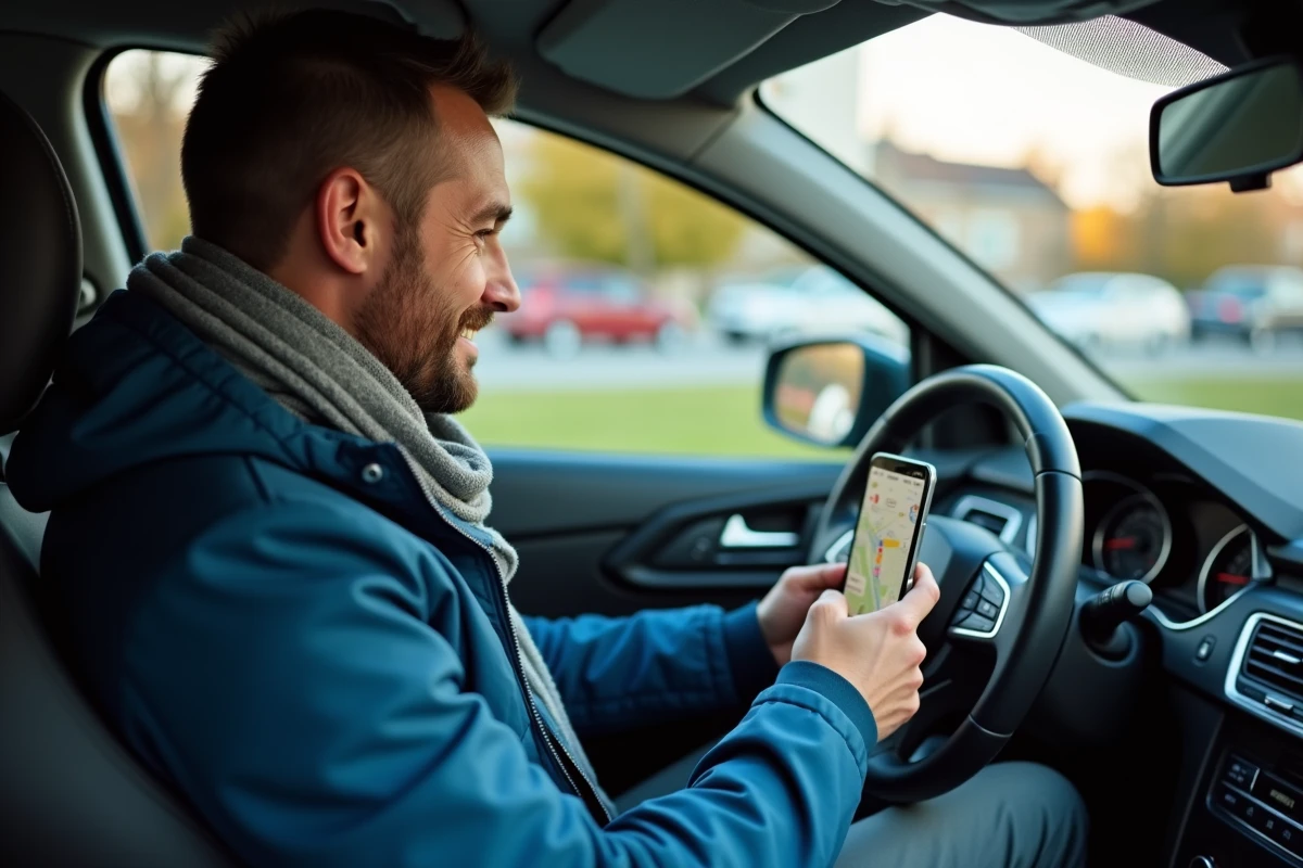 Homme au volant utilisant son smartphone pour la navigation