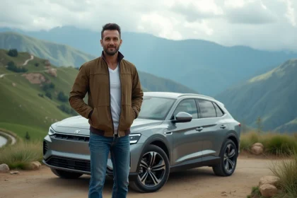 Homme confiant près d'un SUV moderne en montagne