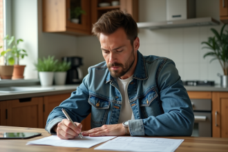 Homme concentré à remplir des papiers dans une cuisine moderne