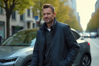 Homme d'âge moyen sortant d'une voiture électrique en ville