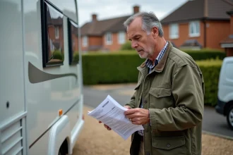 Homme vérifiant documents de caravane sur un terrain
