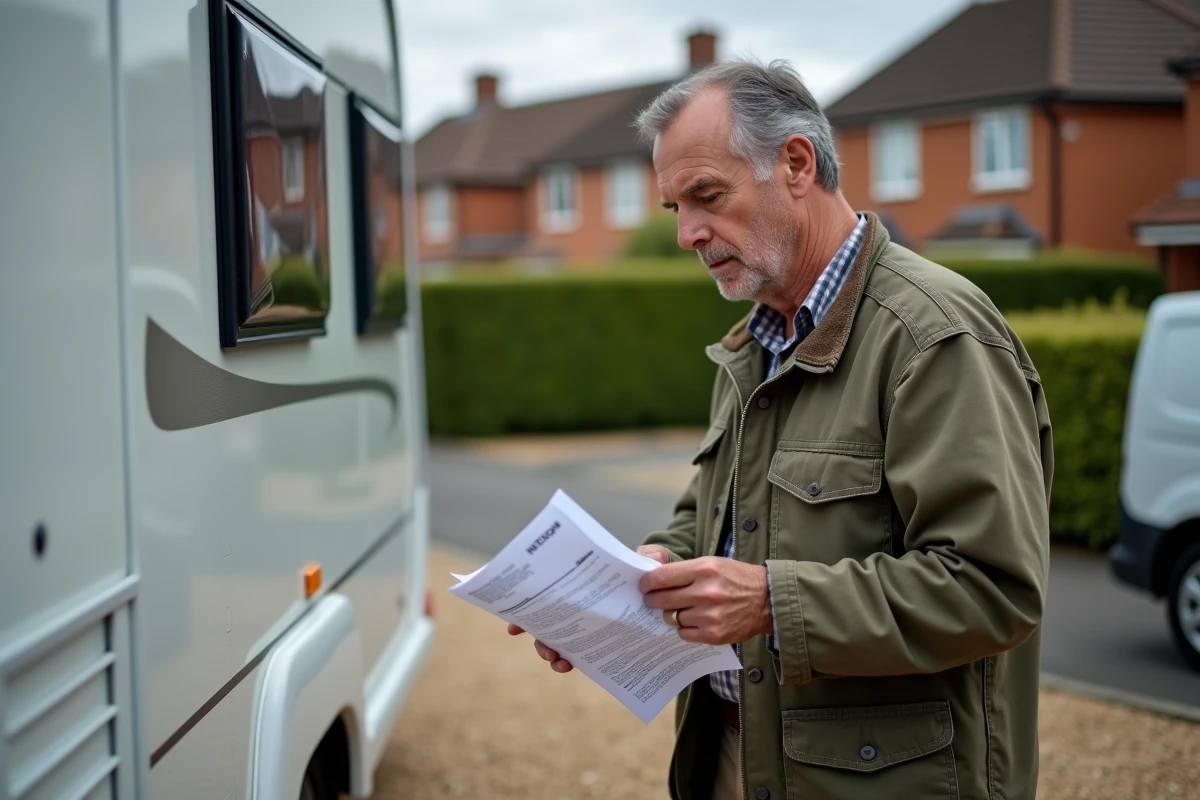 Homme vérifiant documents de caravane sur un terrain