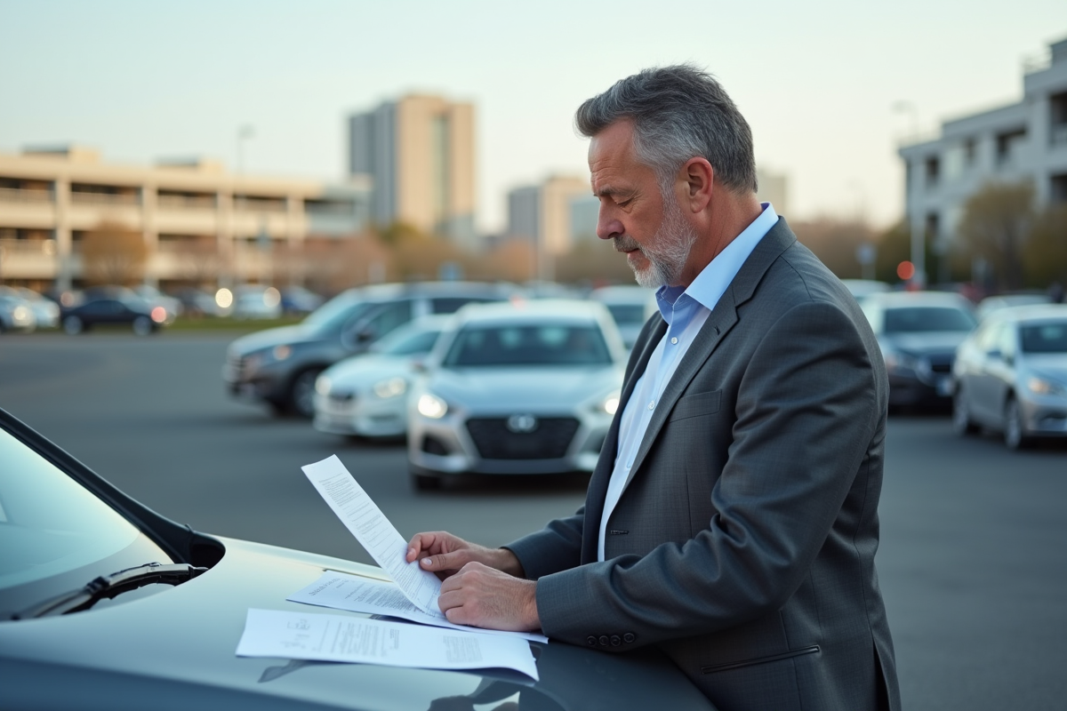 Homme en costume vérifiant ses papiers de voiture sur le capot