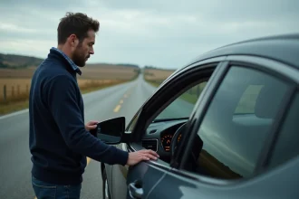 Homme regardant le tableau de bord d'une voiture arrêtée
