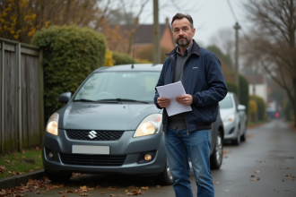 Homme d'âge moyen avec documents d'assurance à côté d'une voiture