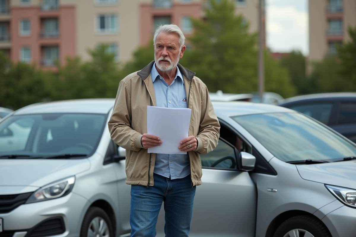 Homme d'âge moyen avec documents près de sa voiture