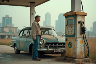 Homme d'âge moyen près d'une vieille voiture essence abandonnée