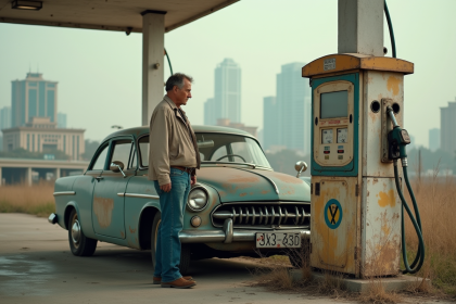 Homme d'âge moyen près d'une vieille voiture essence abandonnée