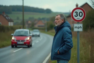 Homme d'âge moyen près d'une voiture sur une route européenne
