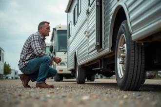 Homme d'âge moyen examine le châssis d'un camping-car d'occasion