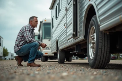 Homme d'âge moyen examine le châssis d'un camping-car d'occasion