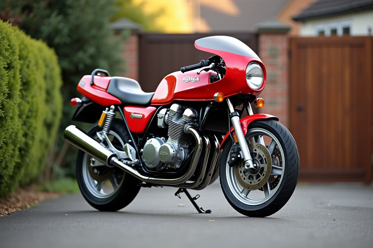 Honda CB900 Boldor entièrement restaurée garée dans une allée résidentielle, carénage rouge et chromés brillants après rénovation