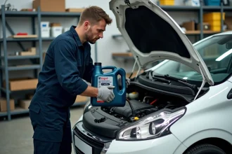 Mécanicien versant de l'huile moteur dans le compartiment moteur d'une Peugeot 208 essence blanche dans un garage