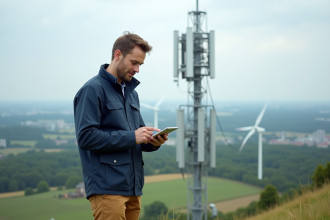 Ingénieur télécom vérifiant une tour mobile en plein air