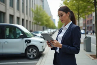 Ingénieure urbaine avec tablette près d'une voiture électrique