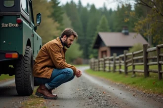 Homme inspectant un véhicule tout-terrain dans la nature