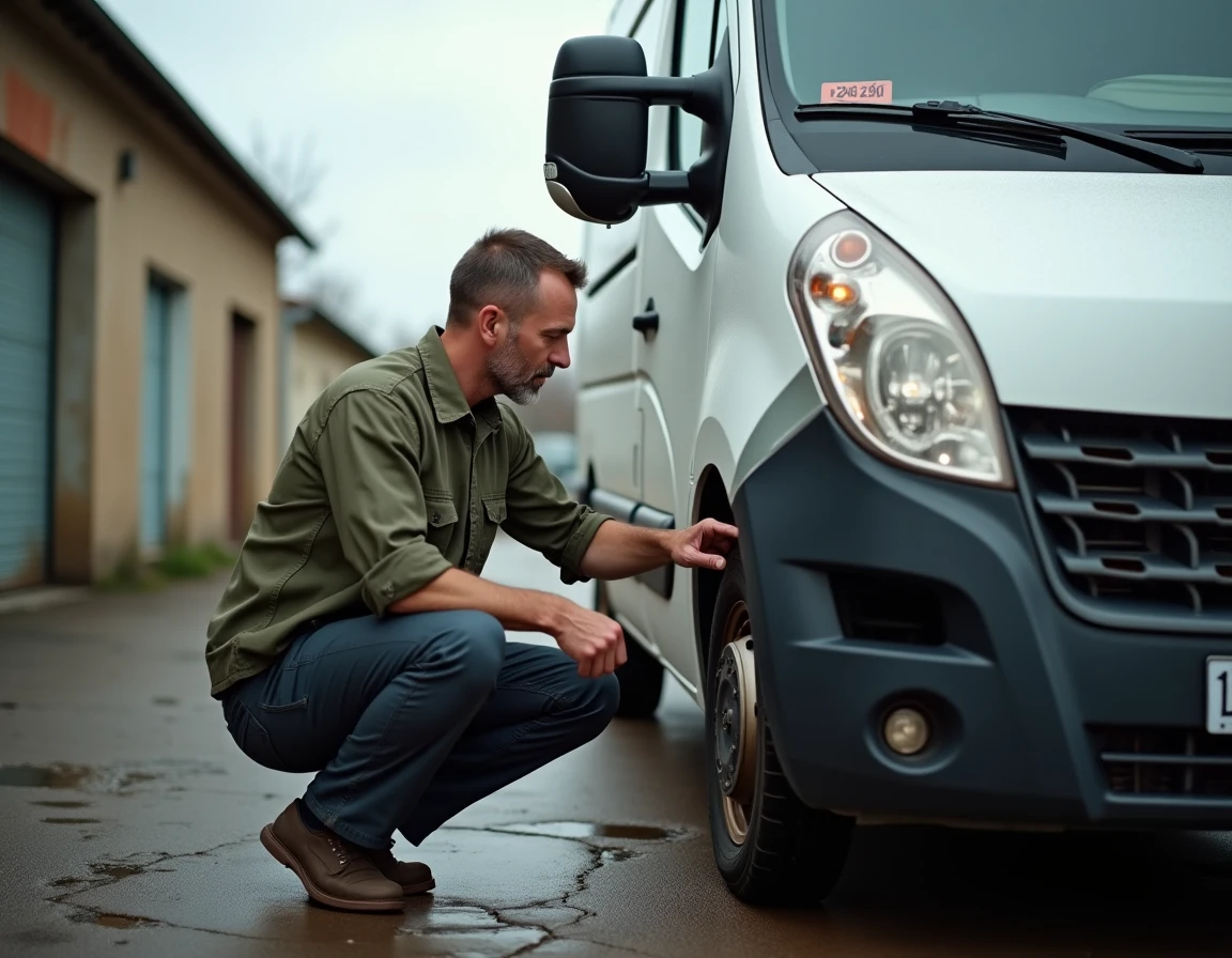 Mécanicien inspectant un fourgon Renault Master L2H2 d'occasion sur un parking de garage provincial, guide d'achat pratique