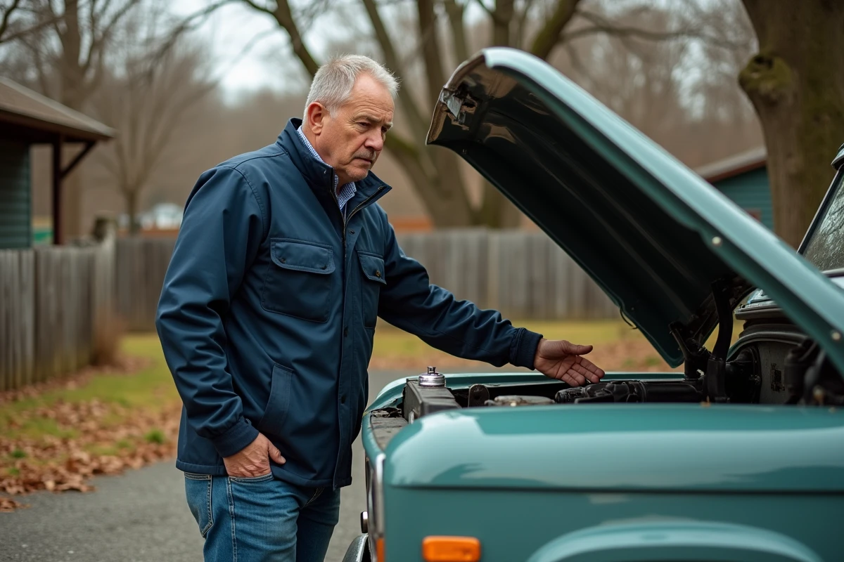Homme inspectant le moteur d'un véhicule tout-terrain vintage