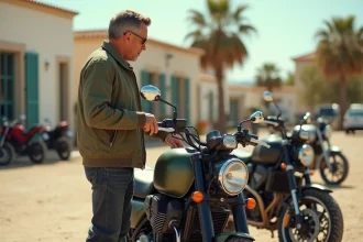 Homme inspectant une moto d'occasion dans une concession à Agde avant achat