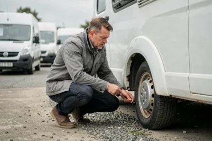 Homme inspectant la carrosserie d'un van aménagé d'occasion sur un parking de concessionnaire pour détecter la rouille et les défauts