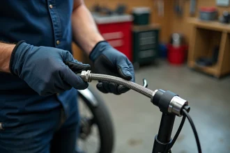Mécanicien installant une durite aviation tressée en acier inoxydable sur une fourche de moto dans un garage privé