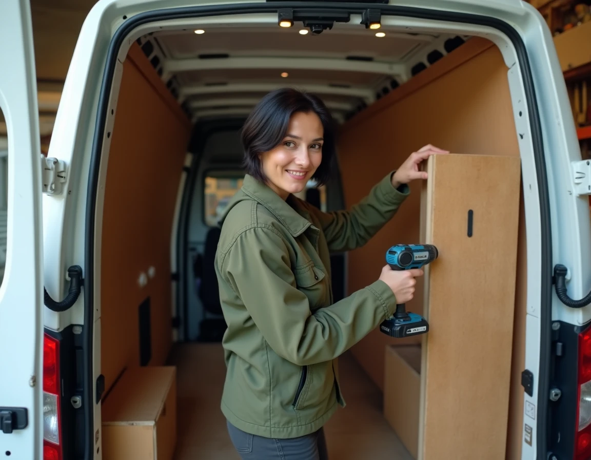 Artisane installant un organisateur d'outils en panneau perforé dans l'espace cargo de son utilitaire