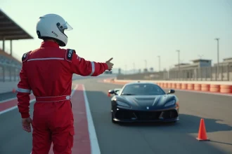 Instructeur de stage de pilotage expliquant les consignes à un élève à côté d'une voiture de sport sur circuit
