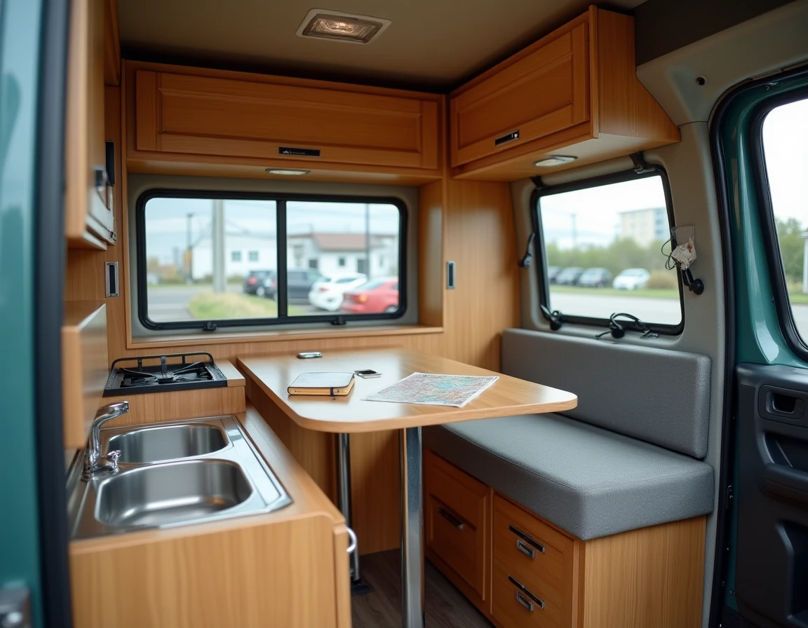 Intérieur aménagé d'un fourgon d'occasion avec kitchenette en bois, table pliante et rangements compacts