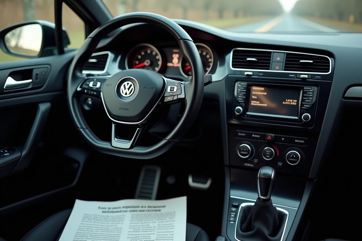 Intérieur d'une Golf 7 avec tableau de bord et document réglementaire sur le malus écologique 2026 posé sur le siège passager
