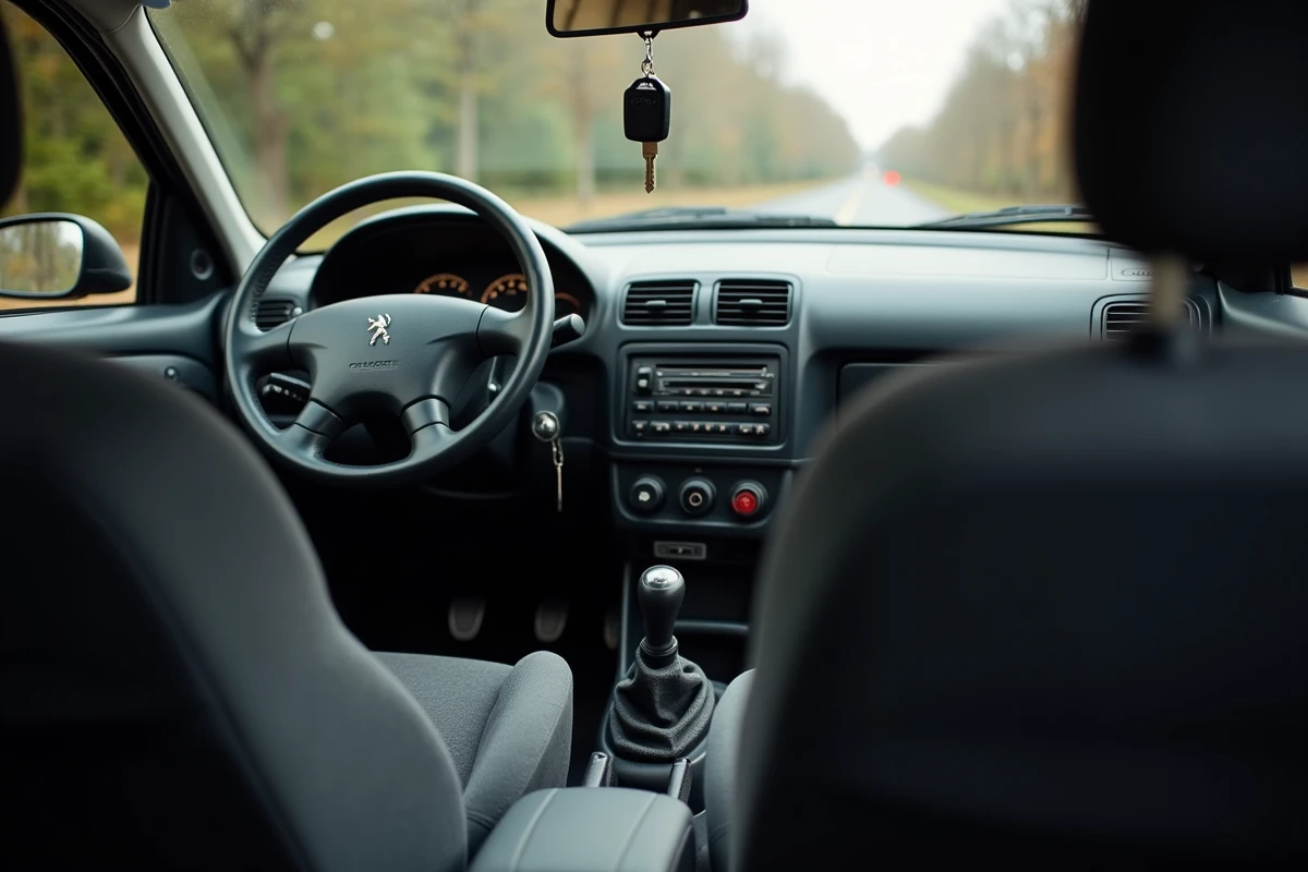 Intérieur d'une Peugeot 206 d'occasion avec tableau de bord usé, sièges en tissu gris et clés sur le contact