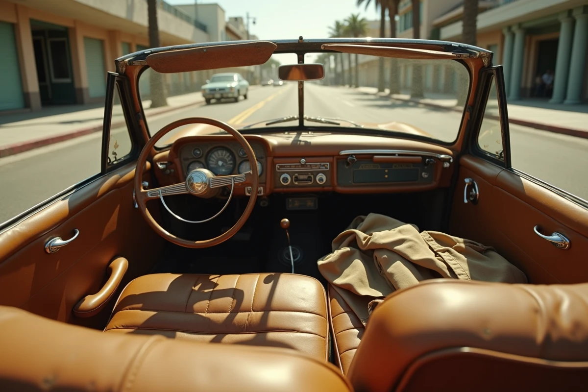 Intérieur authentique de la Peugeot 403 de Columbo avec l'imperméable du détective posé sur le siège passager