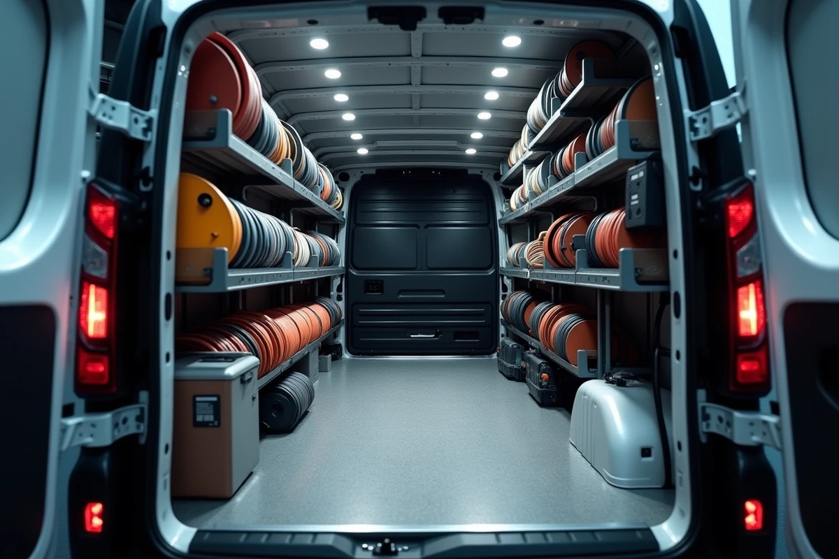 Intérieur aménagé du Peugeot Expert grande longueur avec rangements d'outils pour artisan