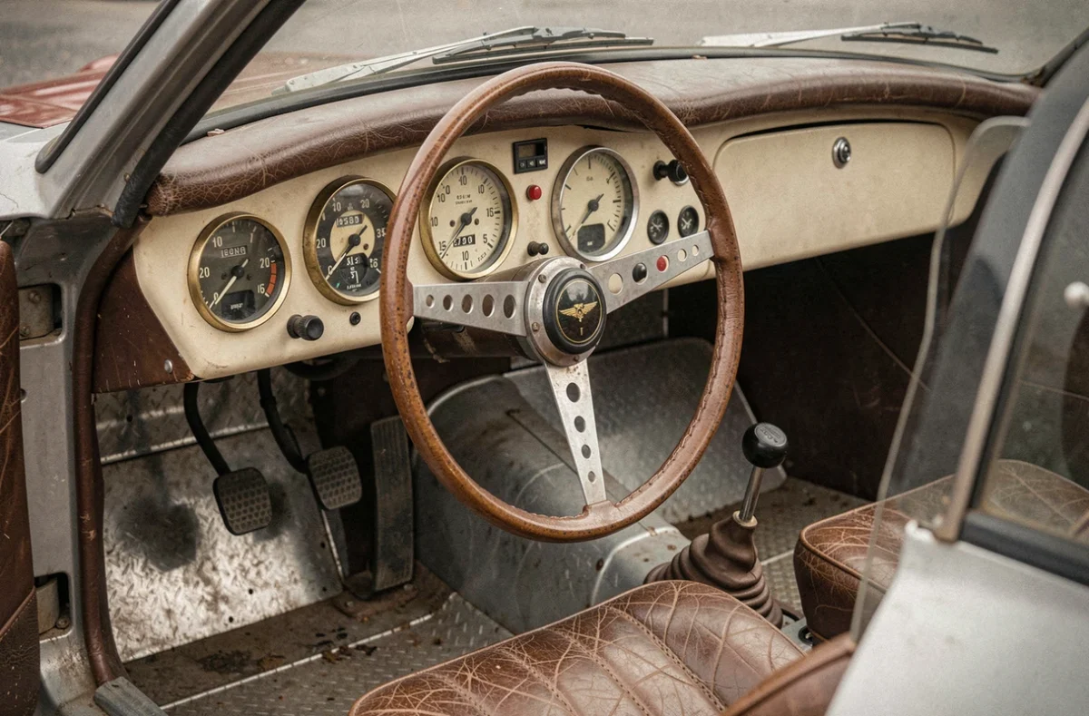 Intérieur authentique d'une Porsche 550 Spyder des années 1950, tableau de bord avec jauges d'époque et volant Bakelite, détail photographique historique