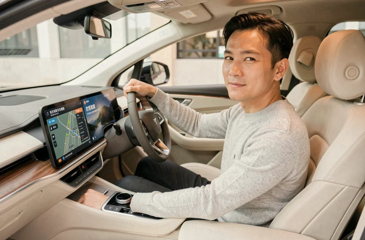 Intérieur minimaliste d'une voiture électrique asiatique avec écran tactile et finitions premium
