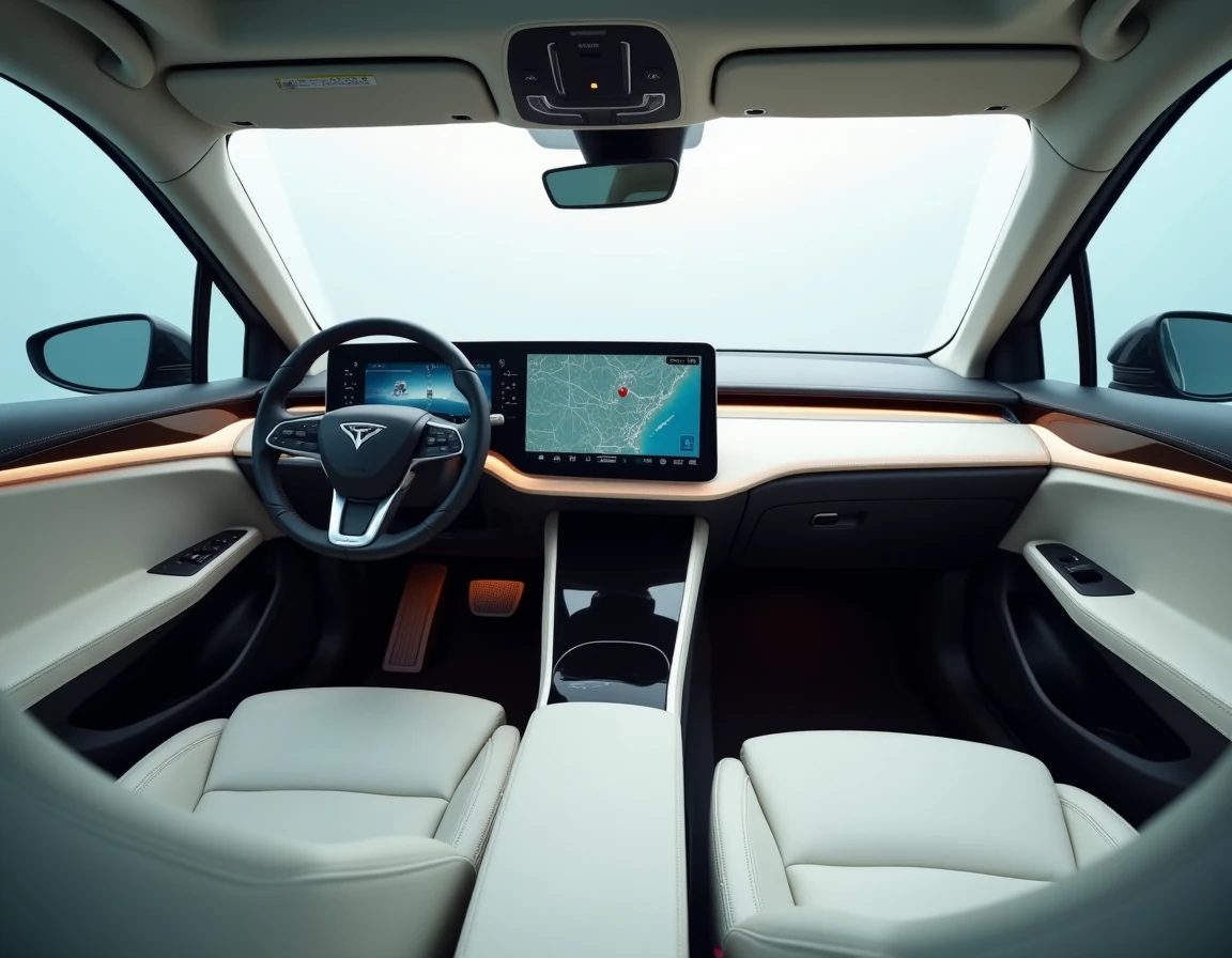 Intérieur high-tech d'une voiture électrique chinoise avec tableau de bord numérique panoramique et sièges en cuir vegan