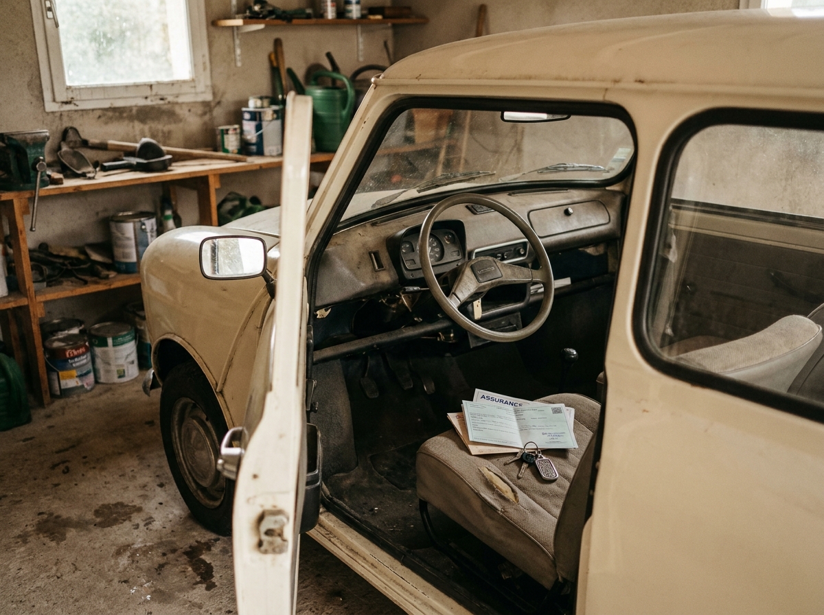 Intérieur d'une voiture sans permis dans un garage résidentiel avec documents d'assurance posés sur le siège