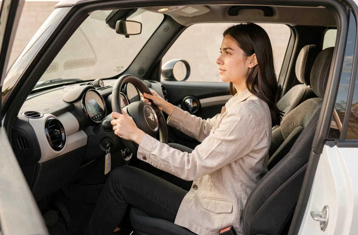 Intérieur d'une voiture sans permis de style Mini Cooper avec une conductrice assise au volant