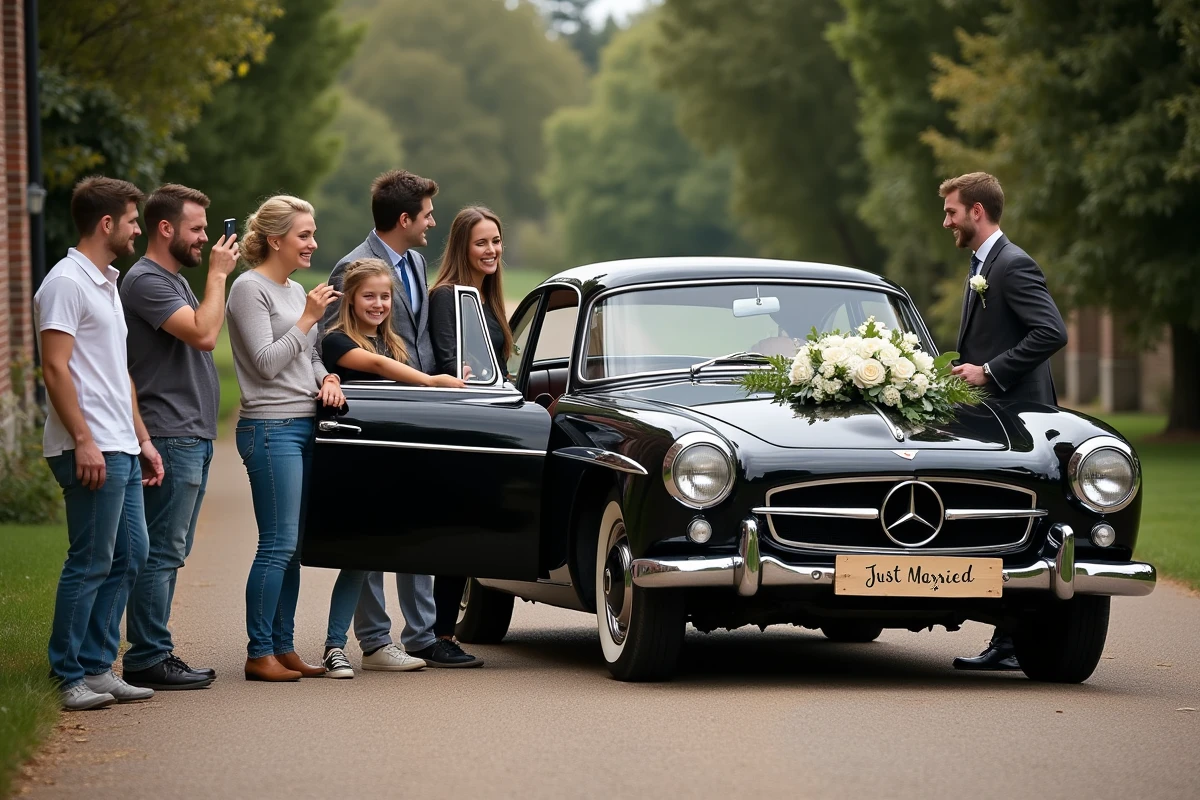 Groupe d invités souriants autour d une voiture de mariage vintage