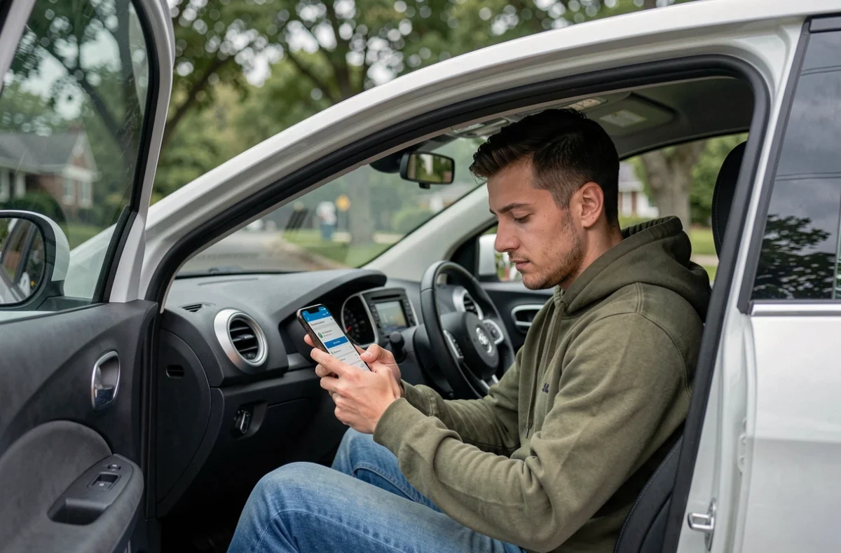 Jeune conducteur comparant des offres d'assurance auto sur smartphone dans sa voiture