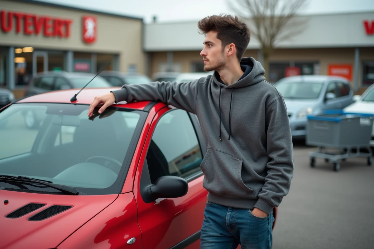 Jeune conducteur en sweat à capuche évaluant une Peugeot 206 rouge d'occasion dans un parking de supermarché