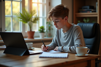 Jeune conducteur utilisant une tablette sur un bureau à la maison